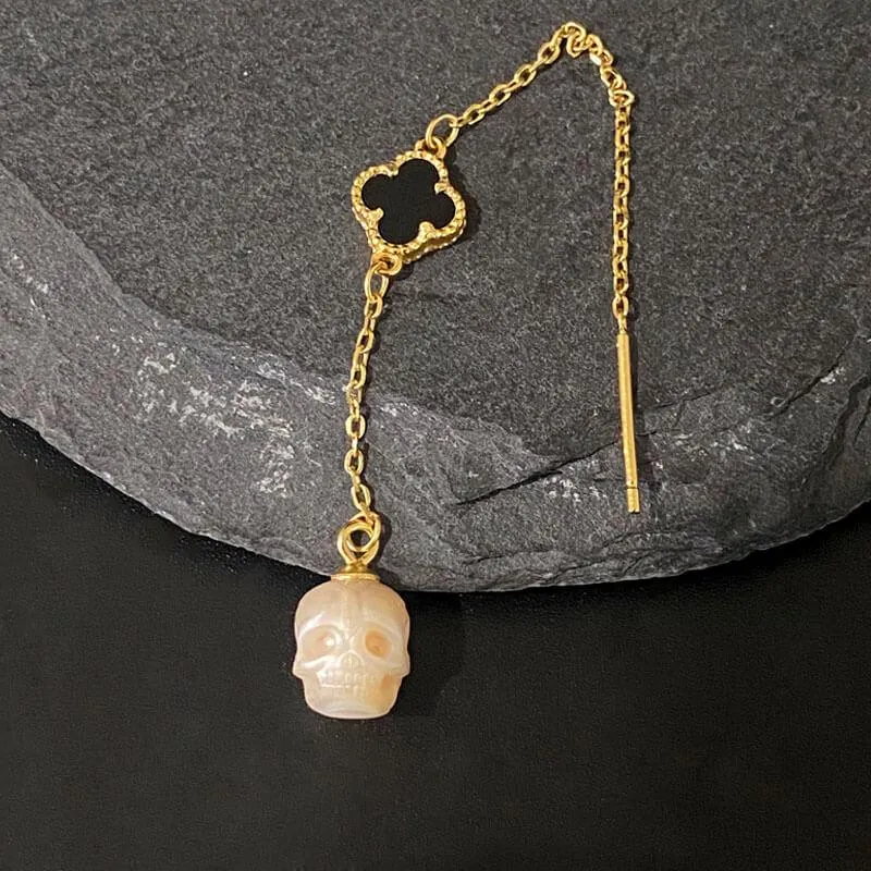 Pearl Skull Four Leaf Clover Threader Earrings