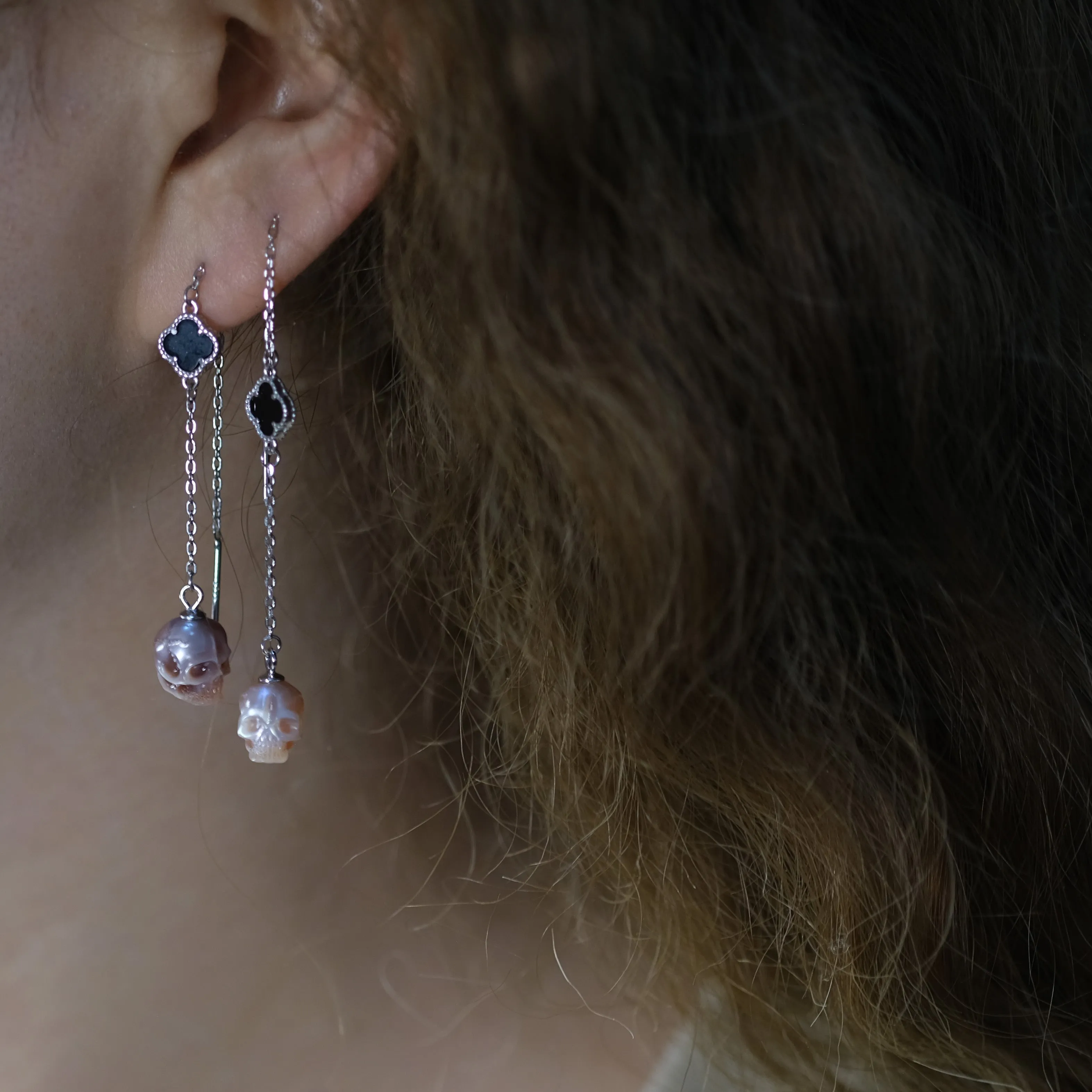 Pearl Skull Four Leaf Clover Threader Earrings