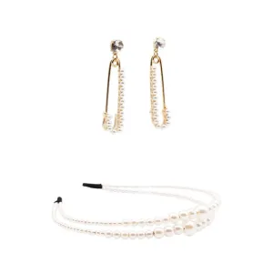 Pearlosity headband and pearl and rhinestone safety pin earrings set