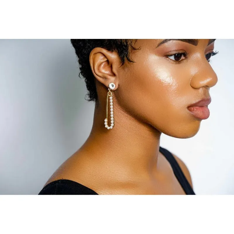 Pearlosity headband and pearl and rhinestone safety pin earrings set