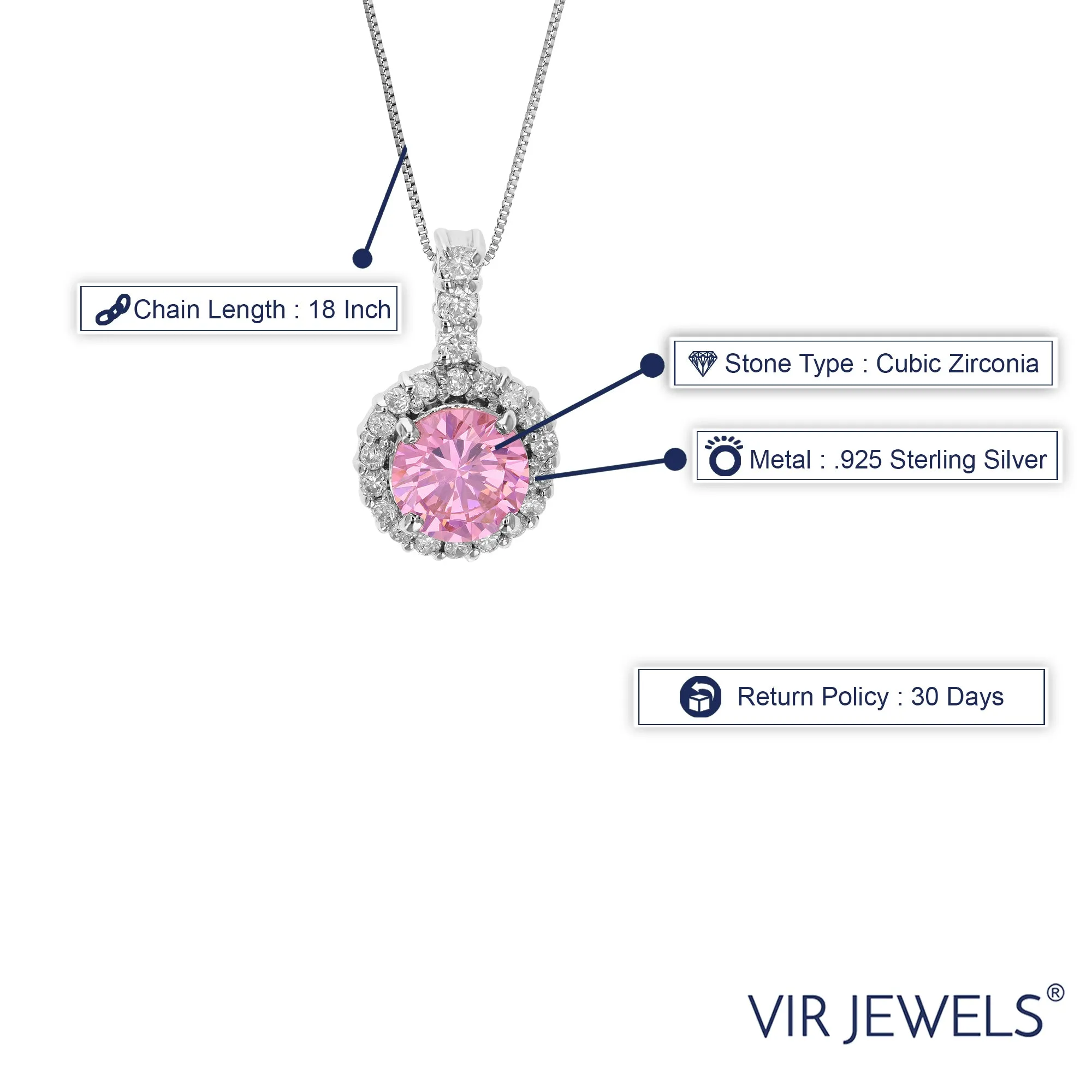 Pendant Necklace, Pink CZ Solitaire Pendant Necklace for Women in 0.925 Sterling Silver with 18 Inch Chain
