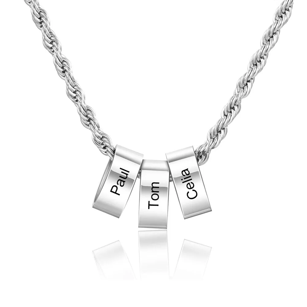 Personalized Engraving 3 Beads Name Charm Necklace for Men
