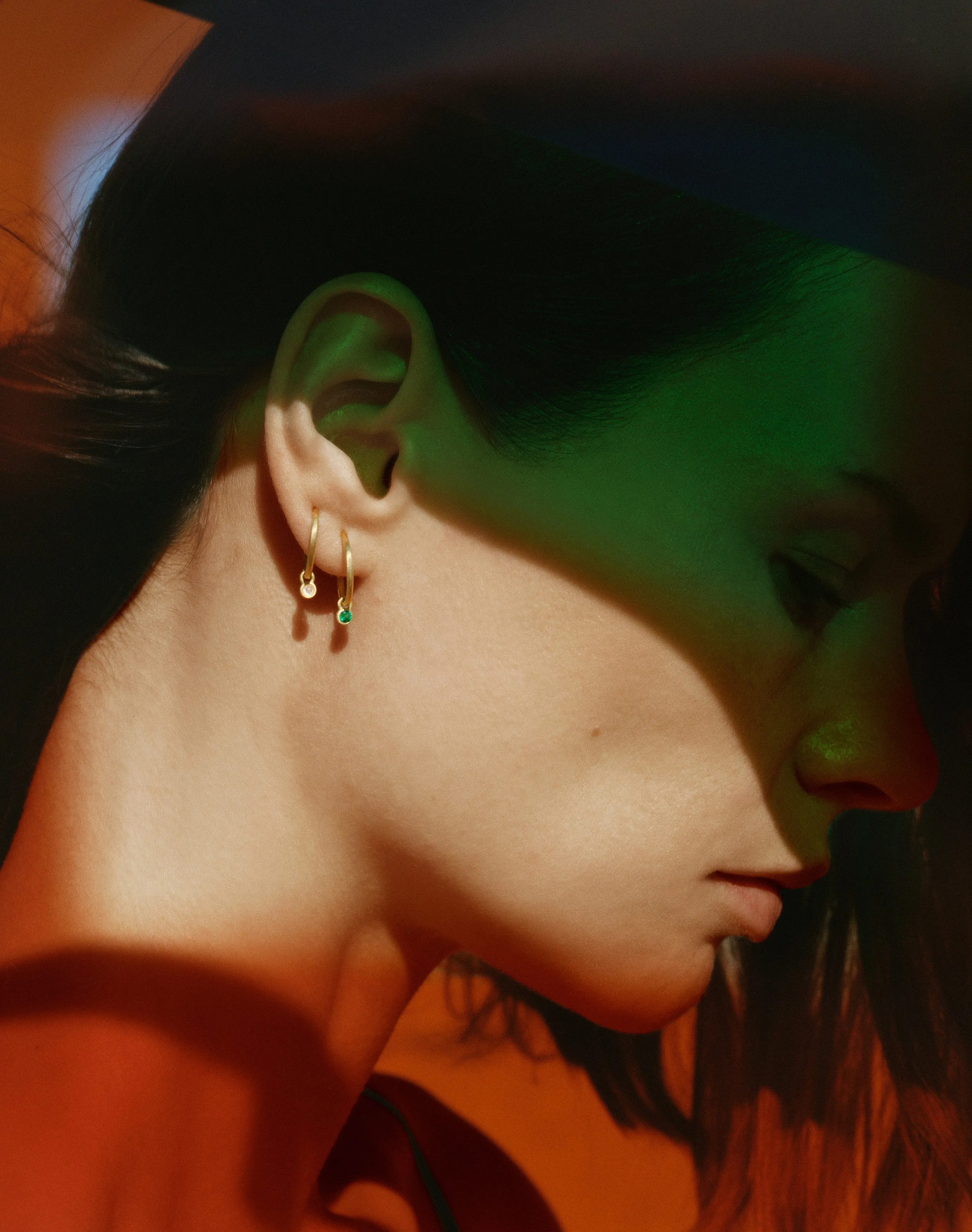 Petite Halo Huggies with  Emerald Charms