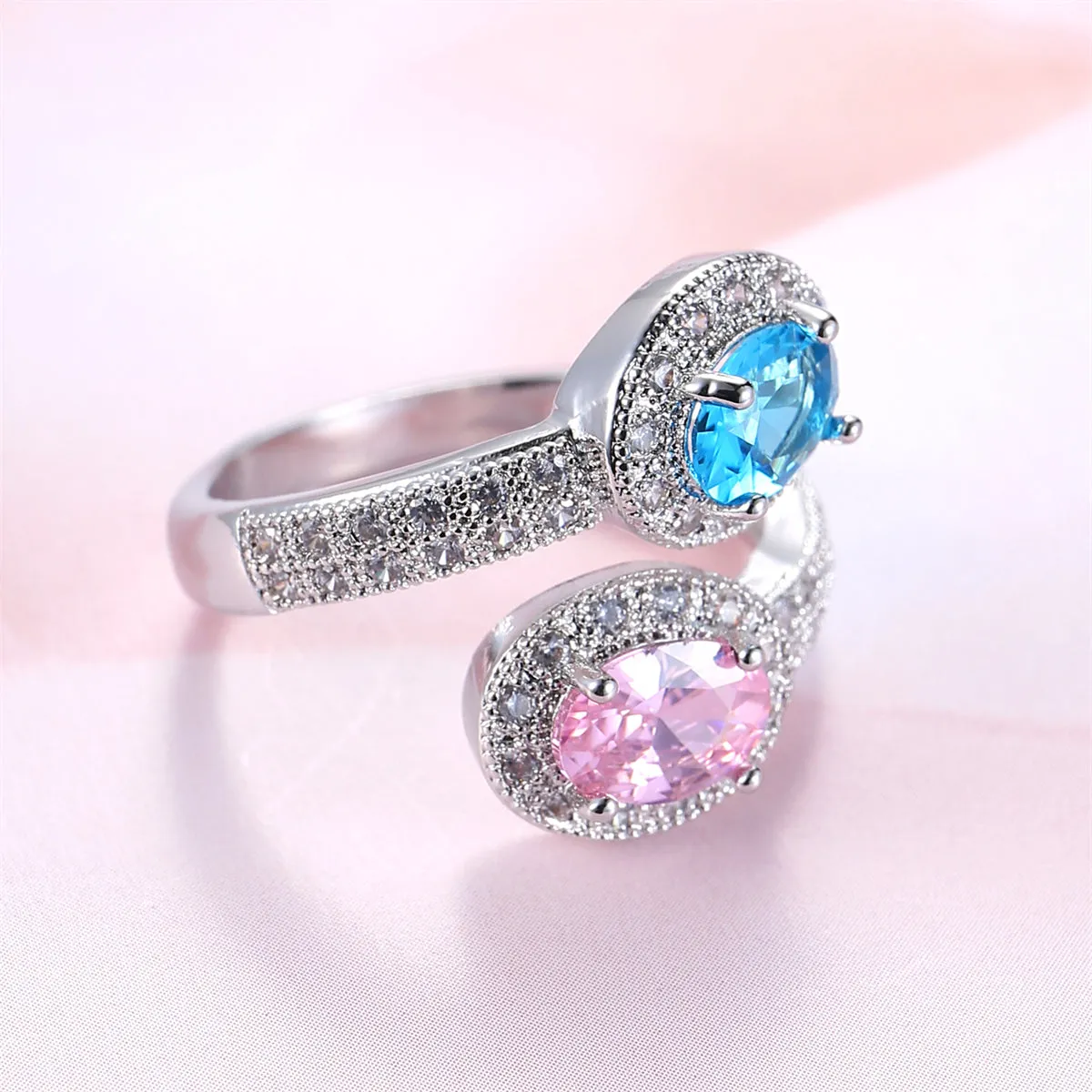 Pink & Blue Crystal Oval-Cut Bypass Ring