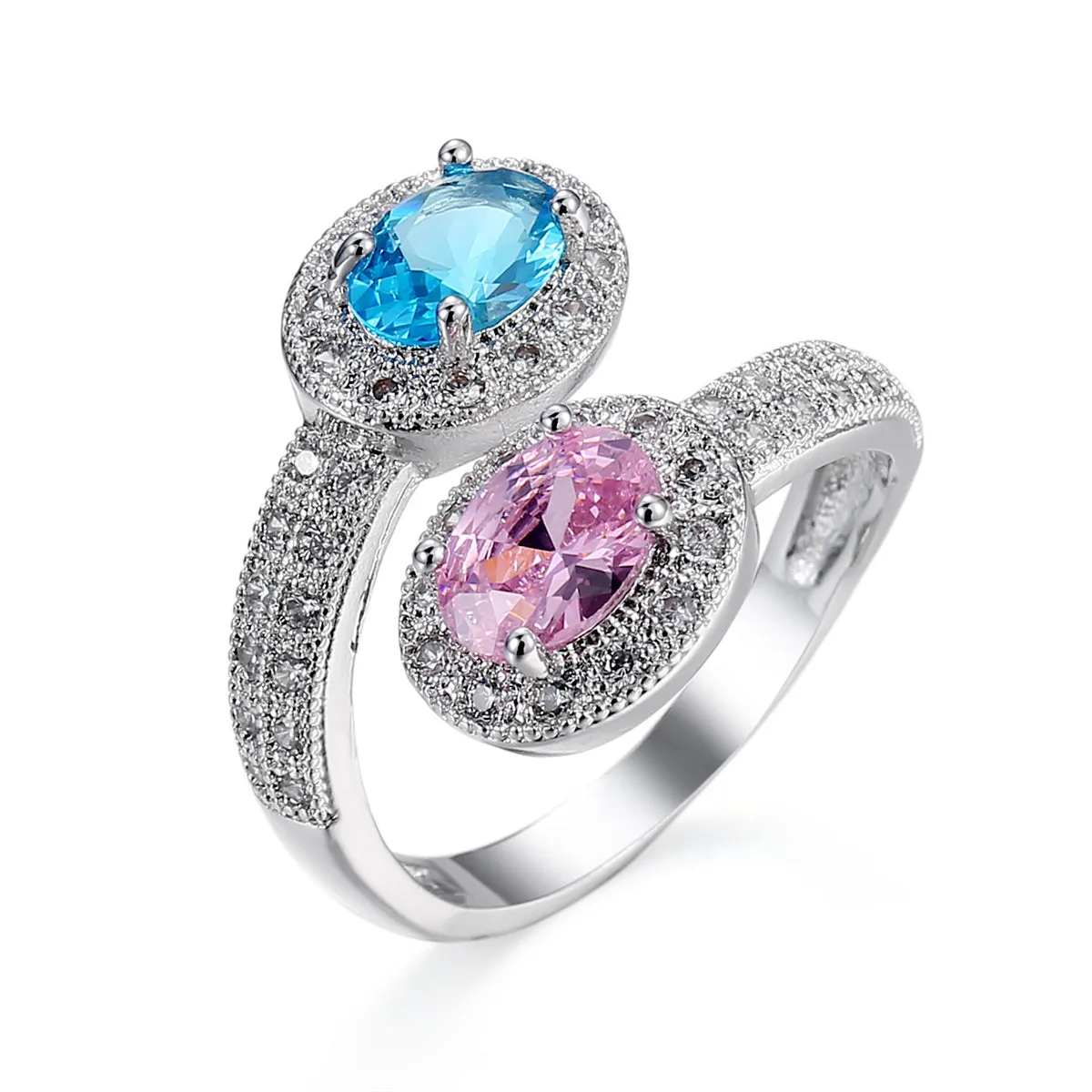 Pink & Blue Crystal Oval-Cut Bypass Ring