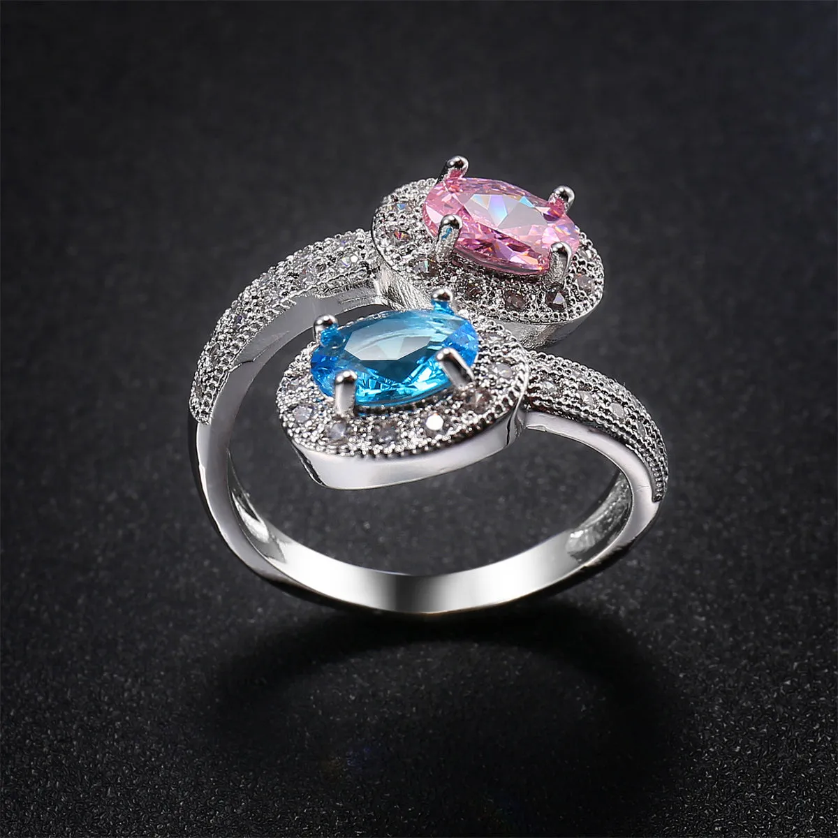Pink & Blue Crystal Oval-Cut Bypass Ring