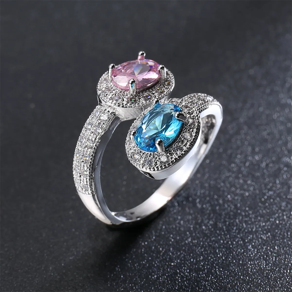 Pink & Blue Crystal Oval-Cut Bypass Ring