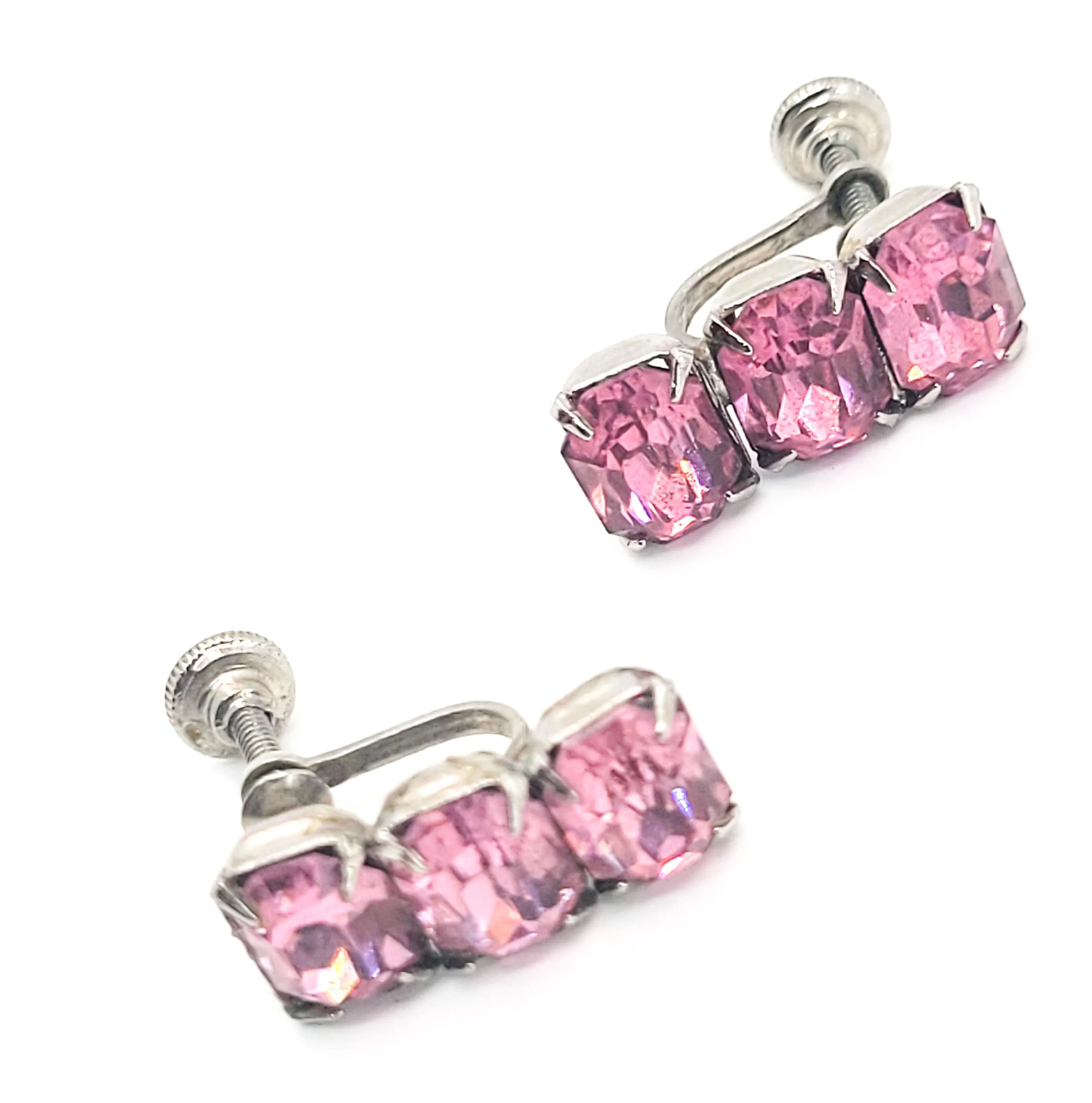 Pink Emerald cut 3 stone vintage mid century screw back earrings