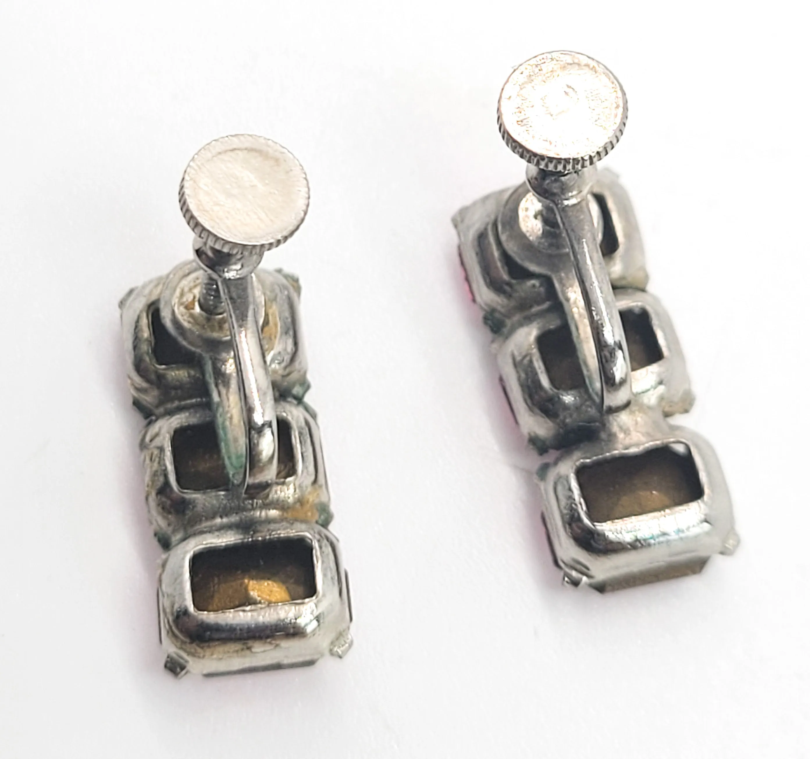 Pink Emerald cut 3 stone vintage mid century screw back earrings