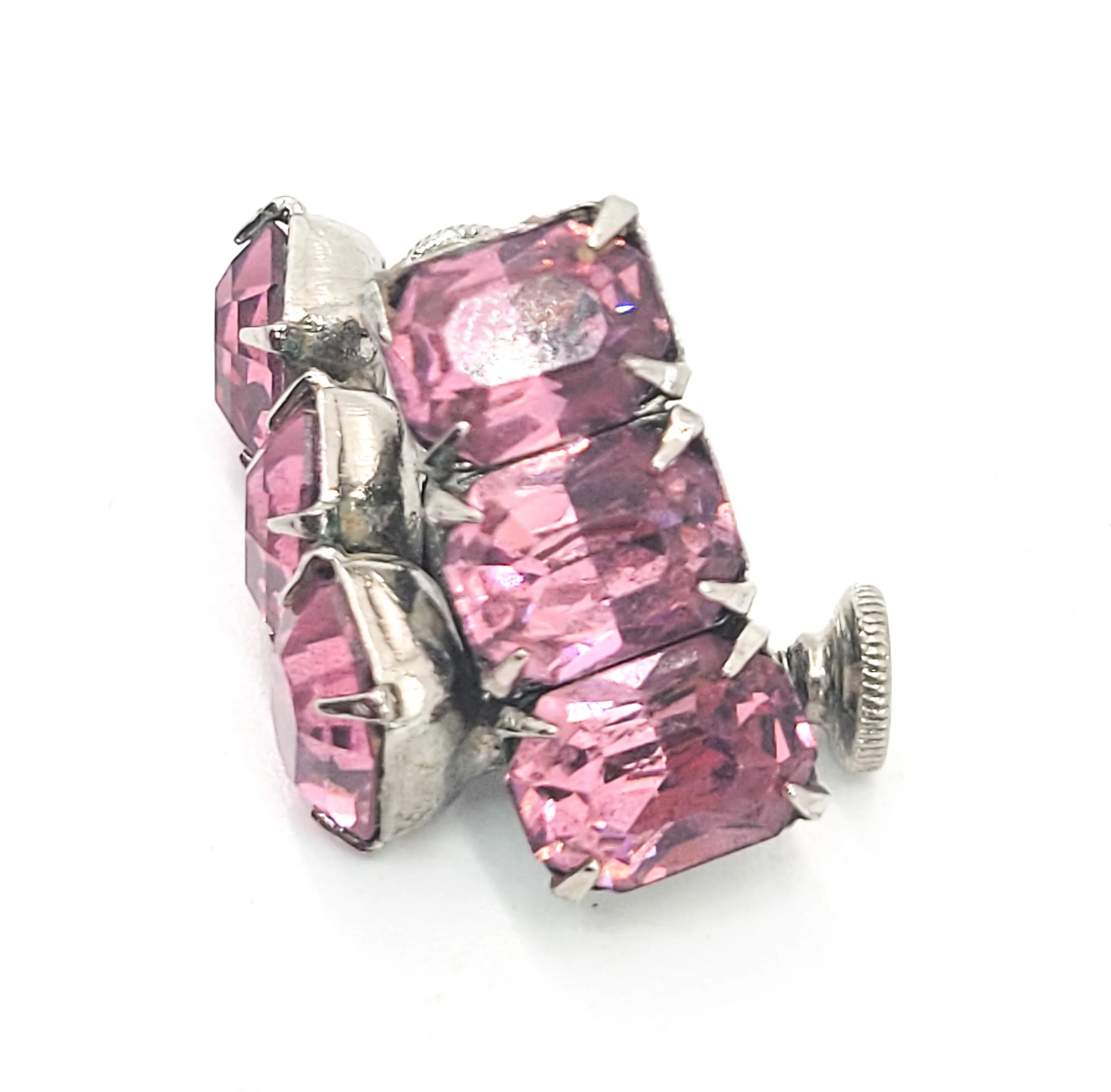 Pink Emerald cut 3 stone vintage mid century screw back earrings