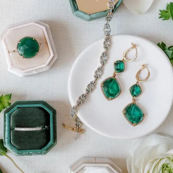 Pink Sapphire and Emerald Doublet Drop Diamond Earring