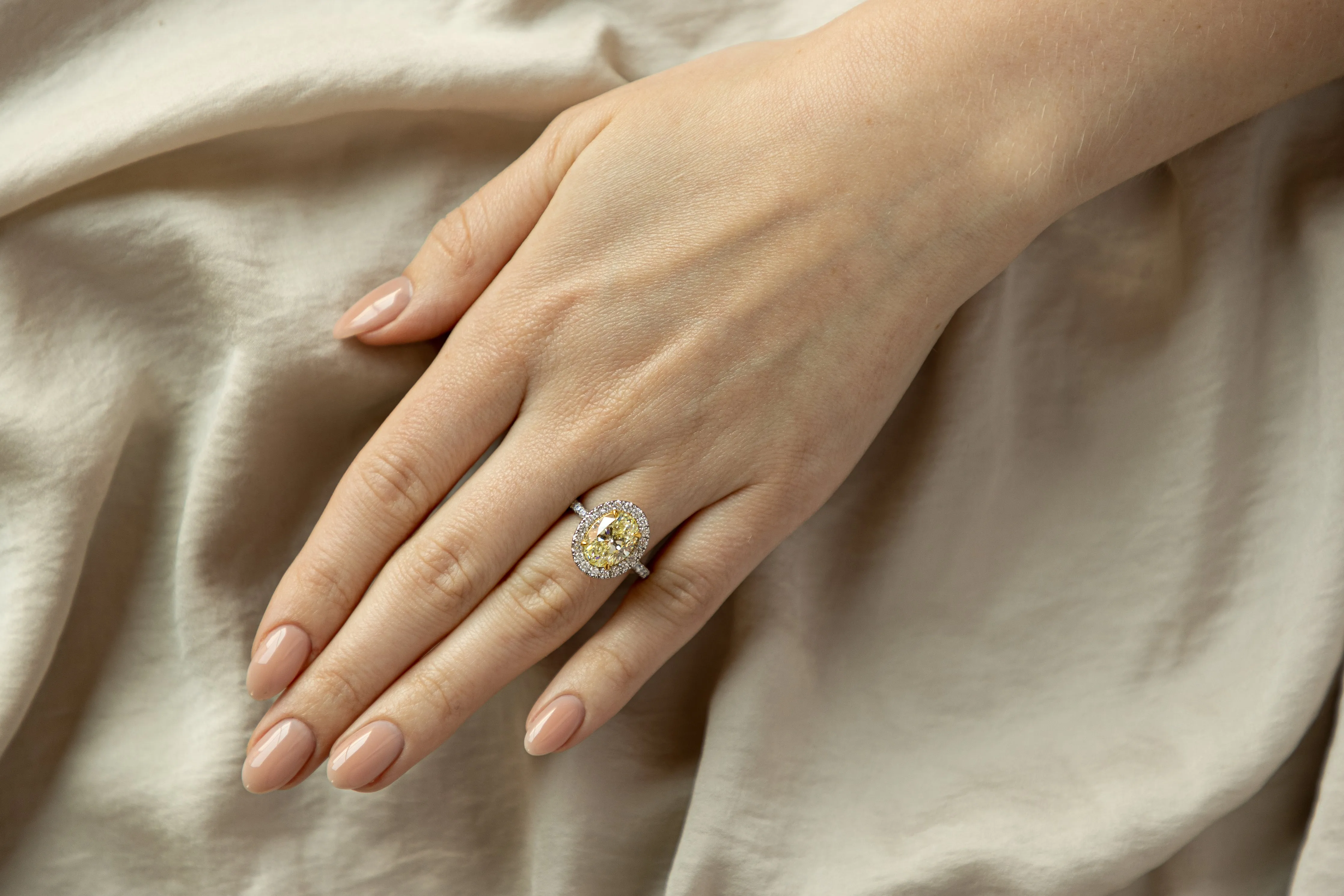 Platinum & 18K Yellow Gold 3.72 Carat Oval Yellow Diamond Halo Engagement Ring GIA Certified