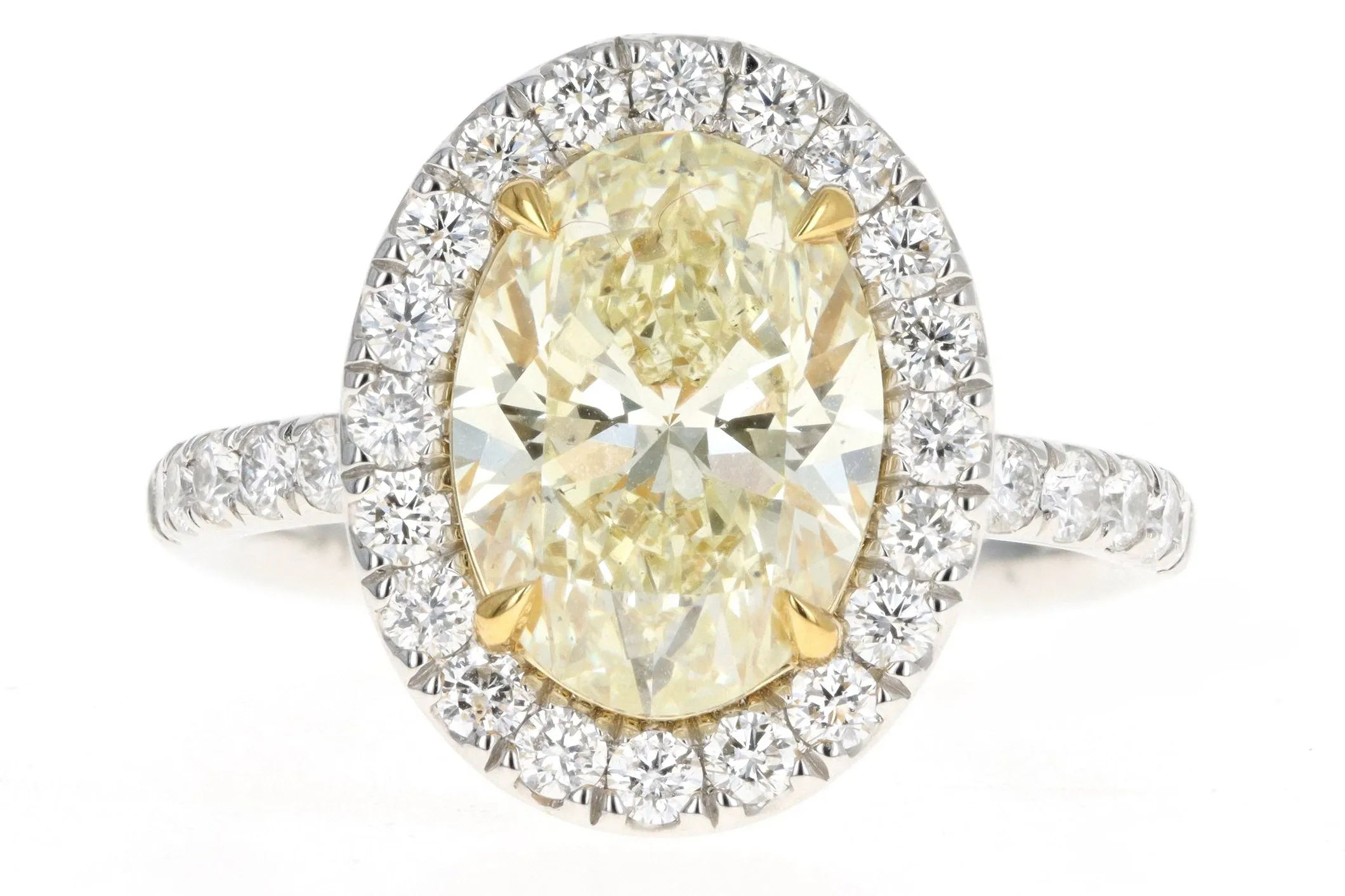 Platinum & 18K Yellow Gold 3.72 Carat Oval Yellow Diamond Halo Engagement Ring GIA Certified