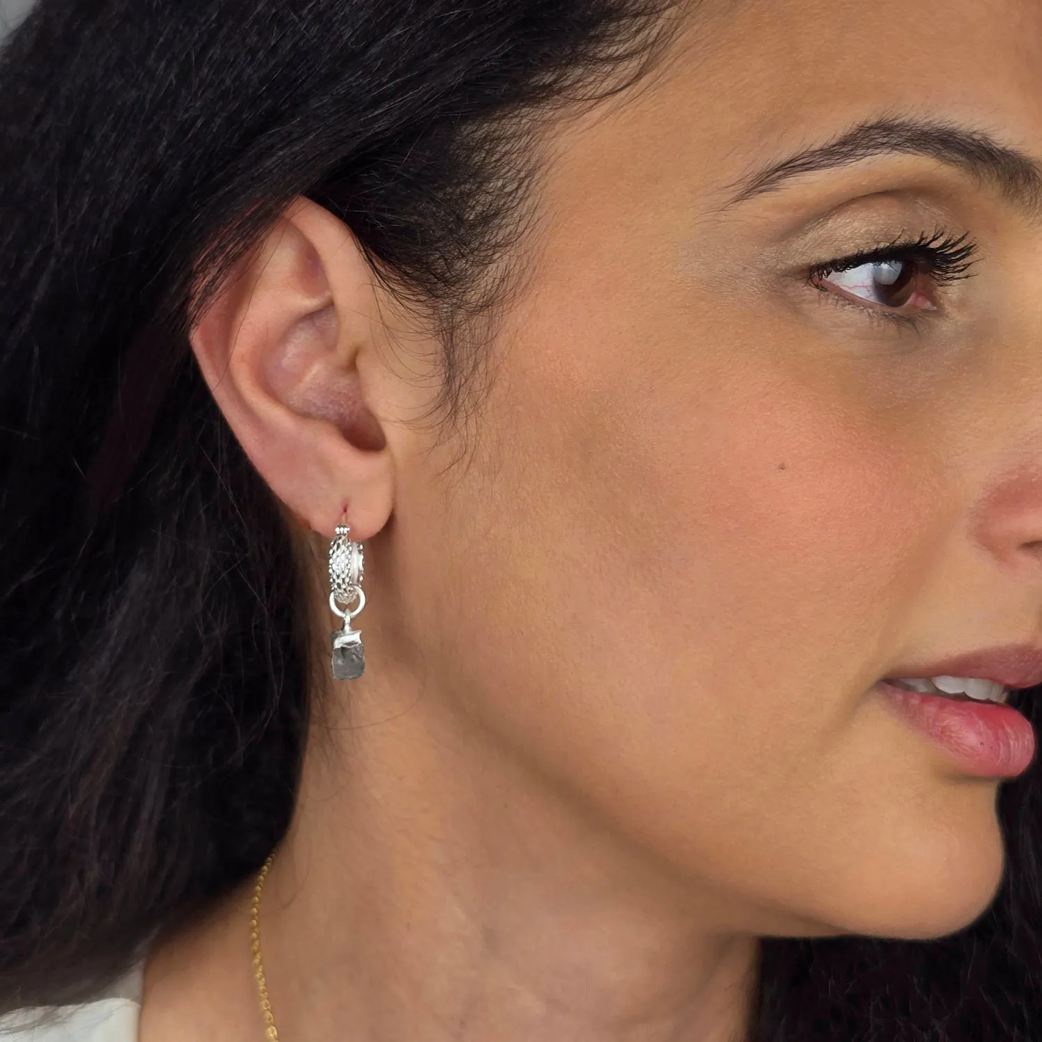 Raw Herkimer Diamond April Birthstone Huggie Hoops Sterling Silver Gemstone Earrings