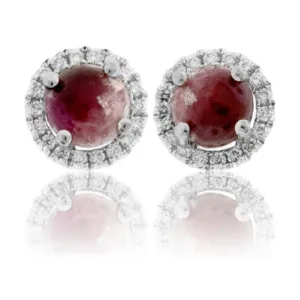 Red Emerald Cabochon with Diamond Halo Post Earrings