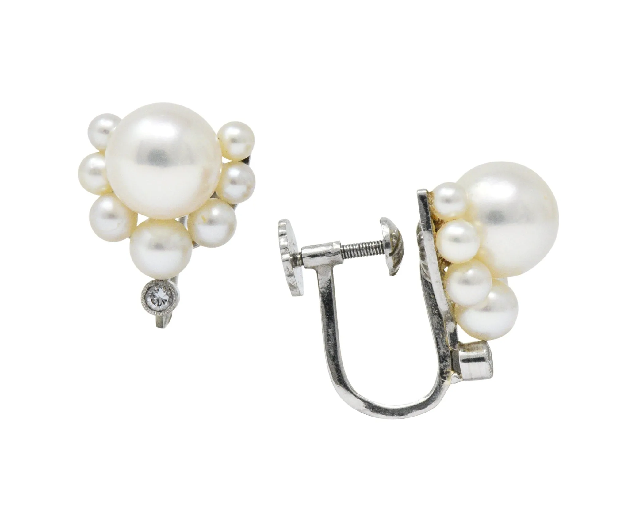 Retro Diamond Cultured Pearl Platinum Earrings
