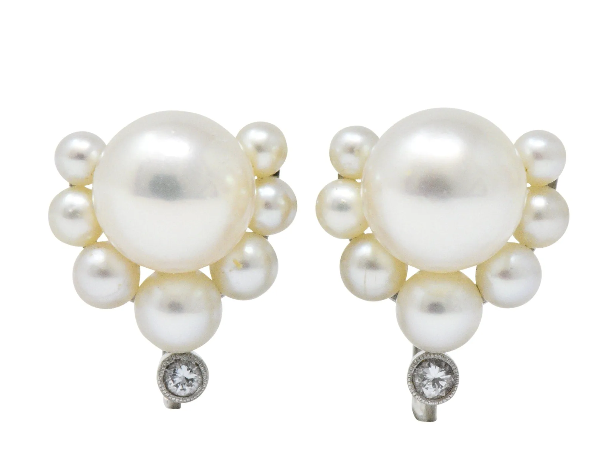 Retro Diamond Cultured Pearl Platinum Earrings