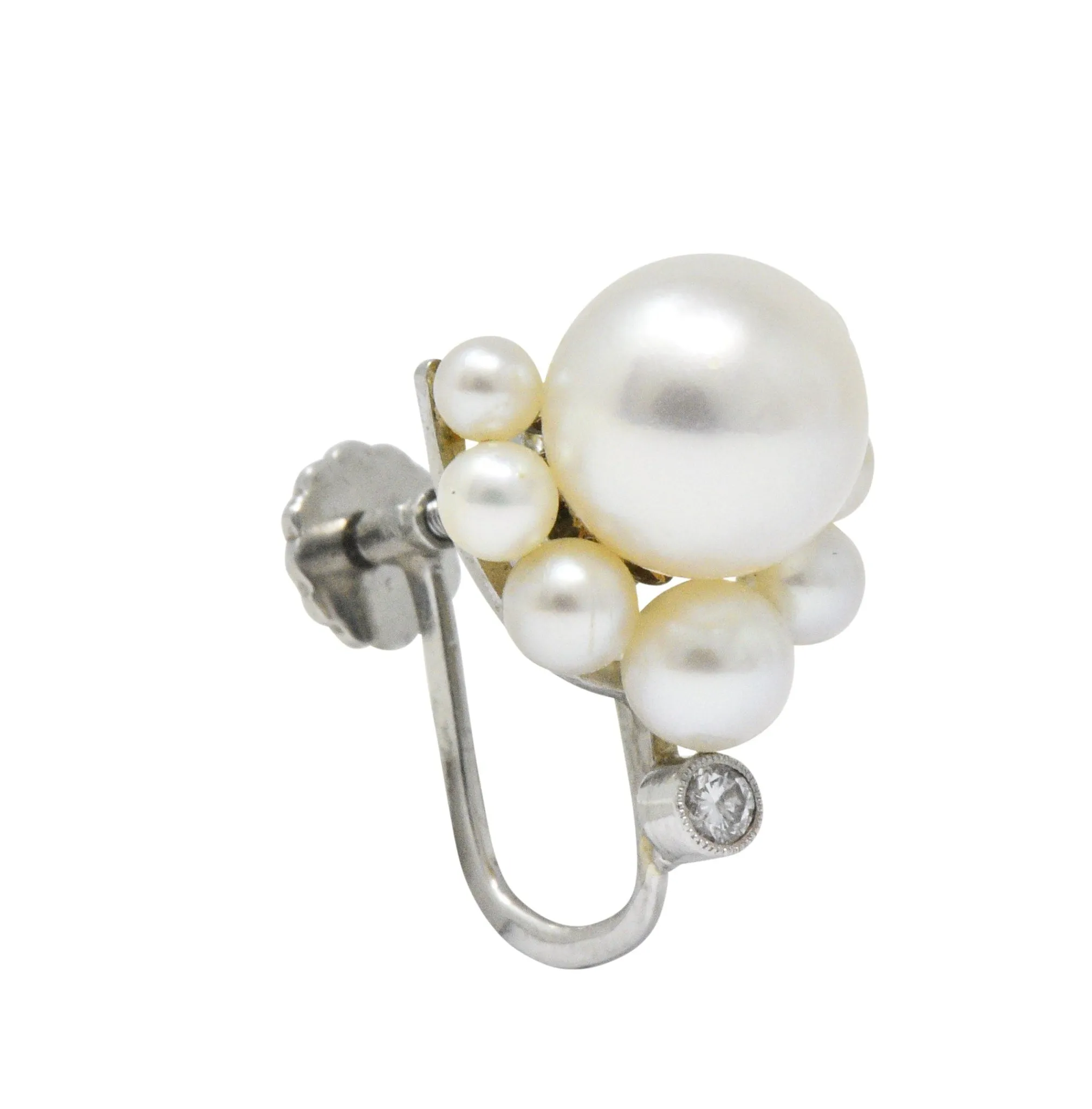 Retro Diamond Cultured Pearl Platinum Earrings