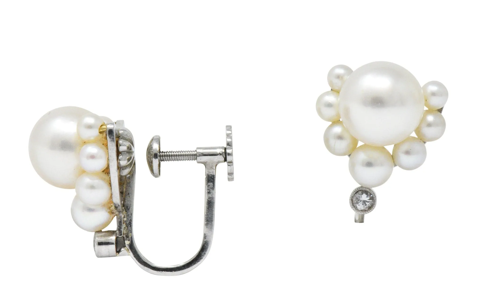 Retro Diamond Cultured Pearl Platinum Earrings