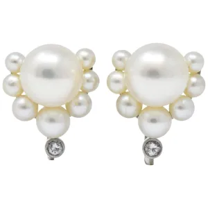 Retro Diamond Cultured Pearl Platinum Earrings