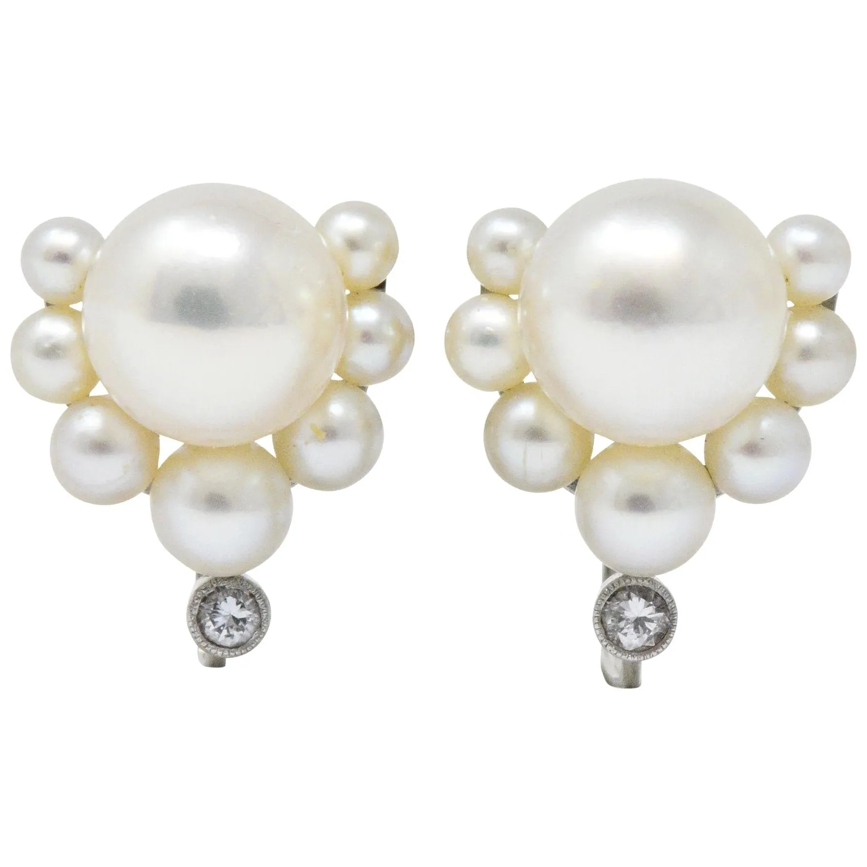 Retro Diamond Cultured Pearl Platinum Earrings