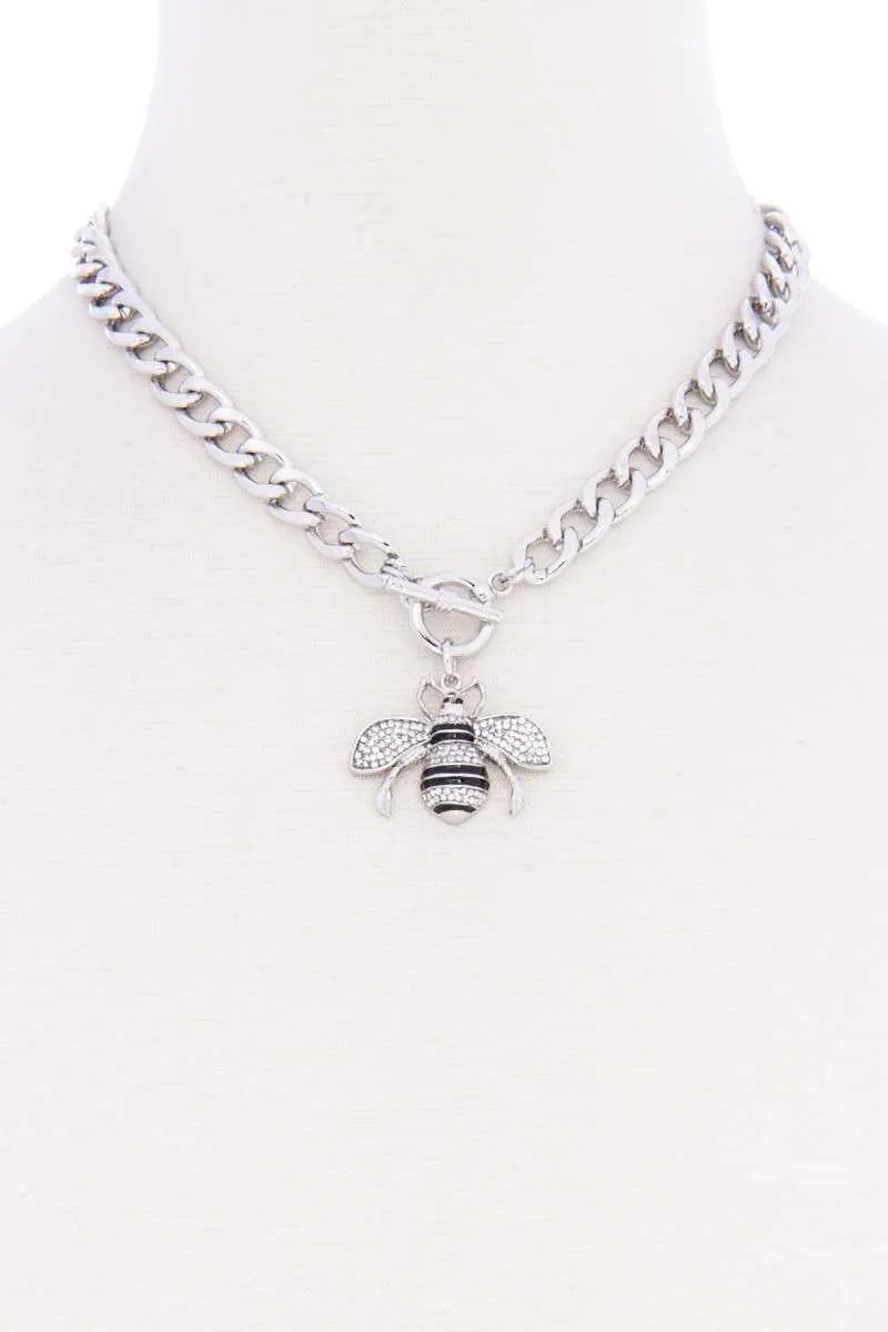 Rhinestone Bee Pendant Toggle Clasp Necklace