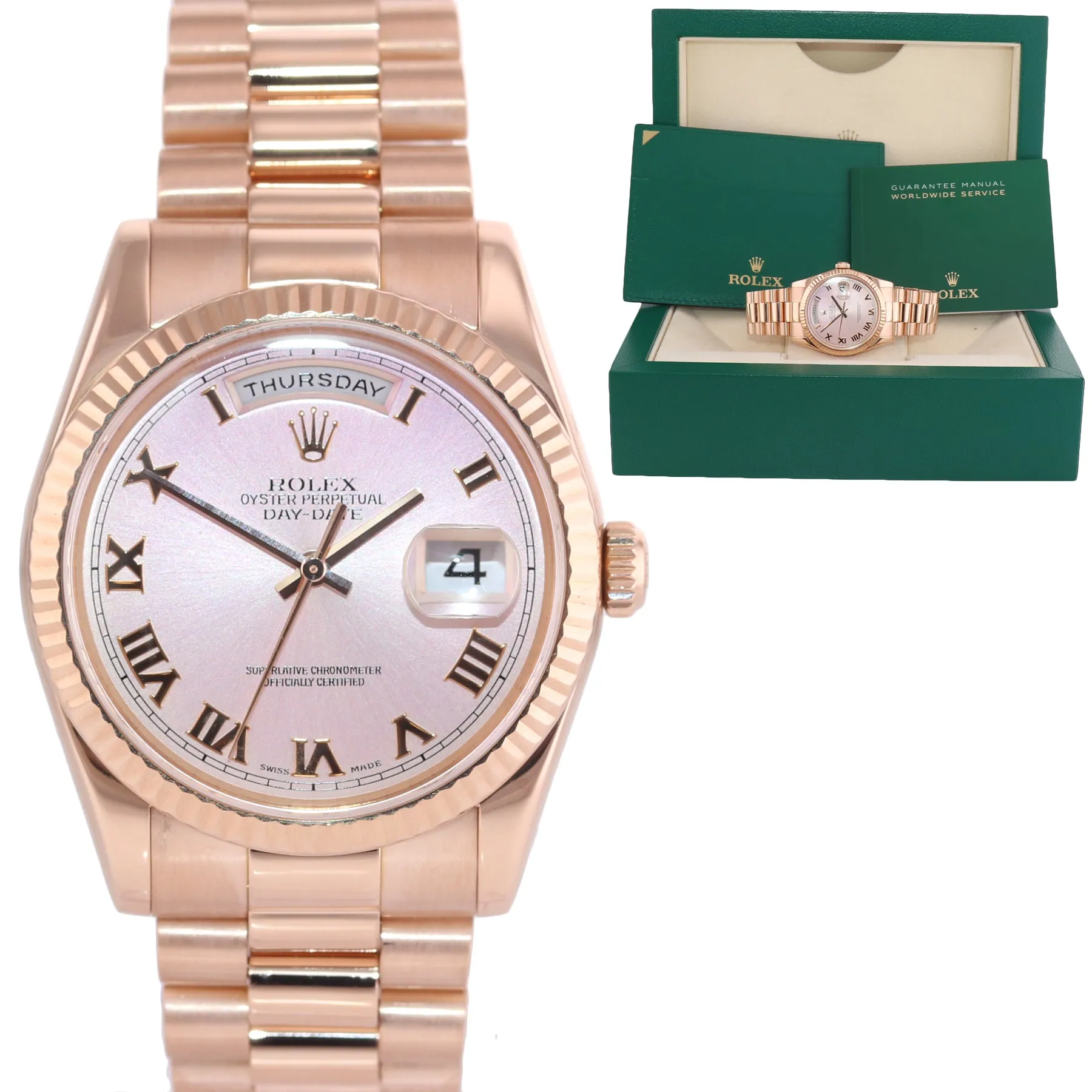 Rolex President Day Date Rose Gold Pink Roman 118235 Modern Band Watch Box