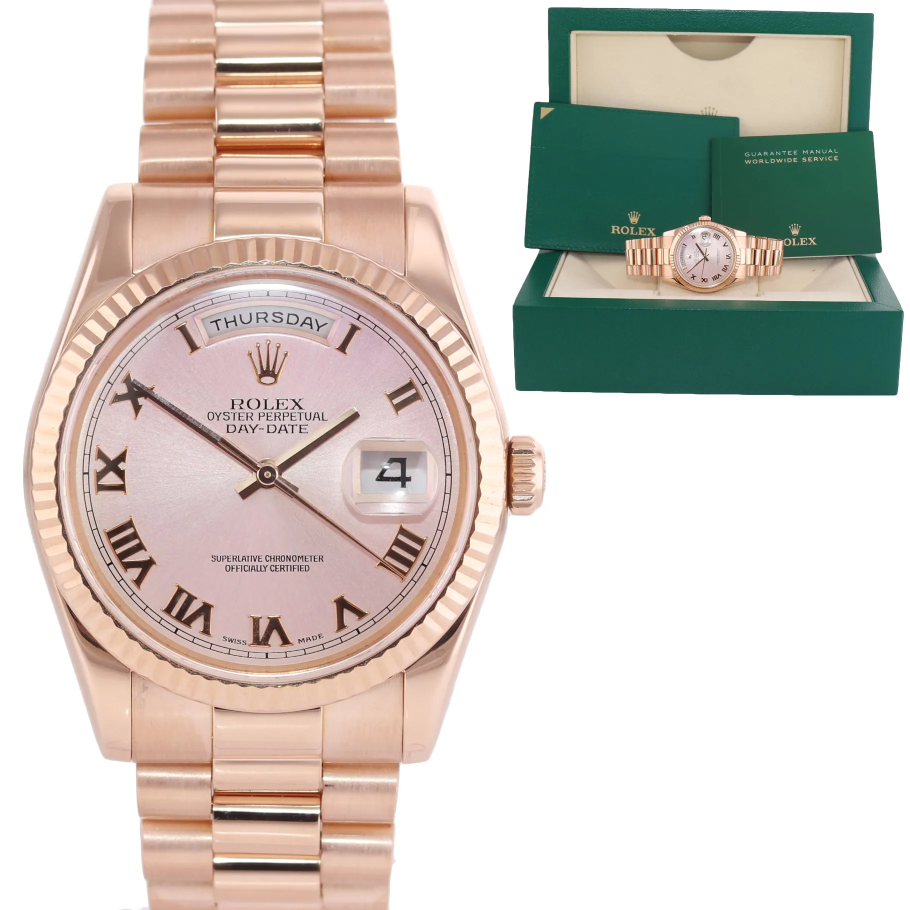 Rolex President Day Date Rose Gold Pink Roman 118235 Modern Band Watch Box