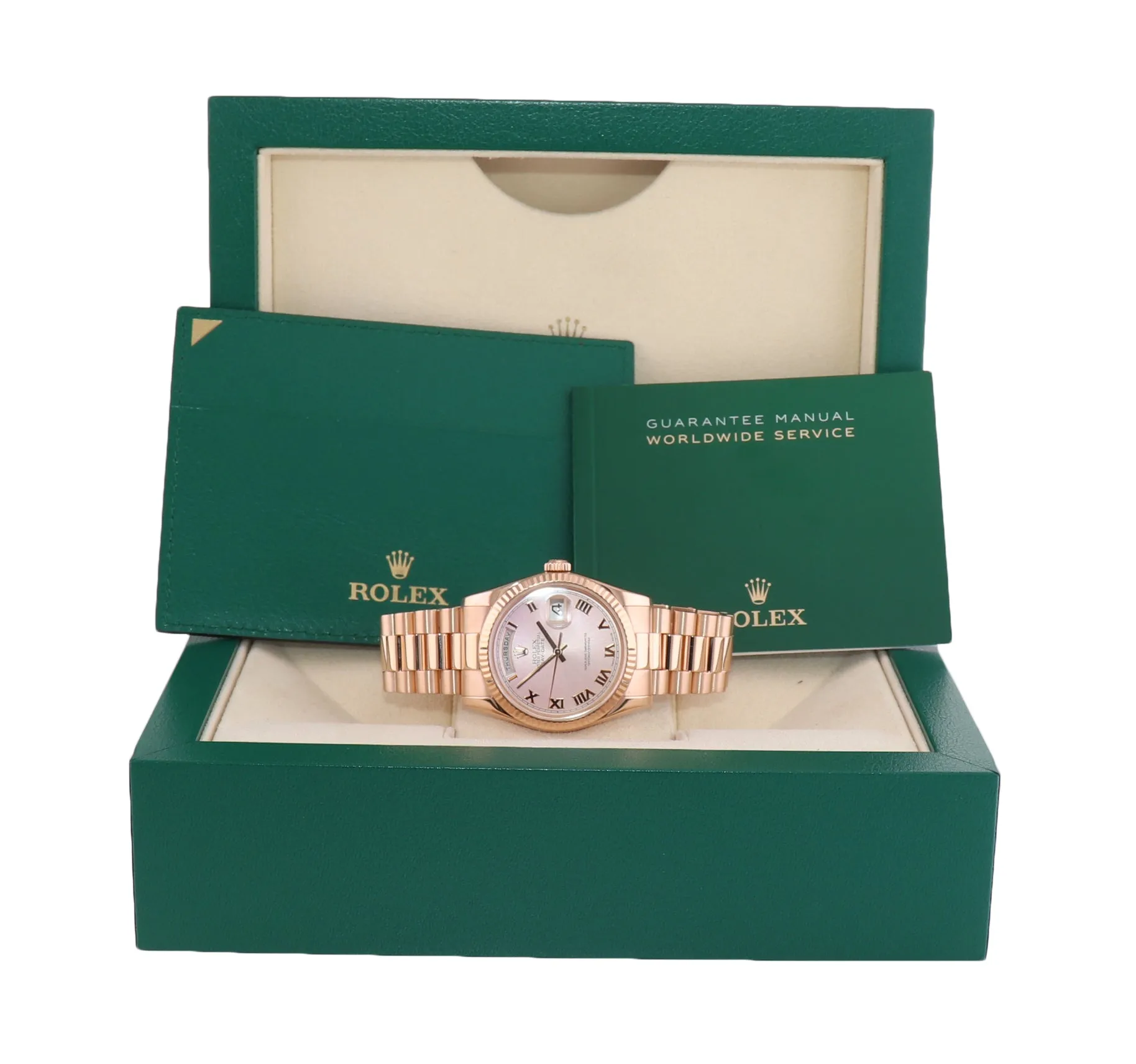 Rolex President Day Date Rose Gold Pink Roman 118235 Modern Band Watch Box