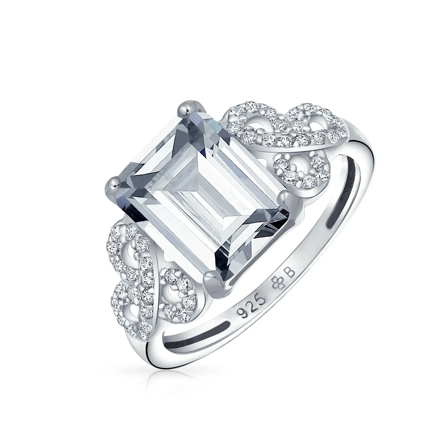 Romantic Celtic Love Knot 3CT Emerald Cut Solitaire Engagement Ring in Sterling Silver