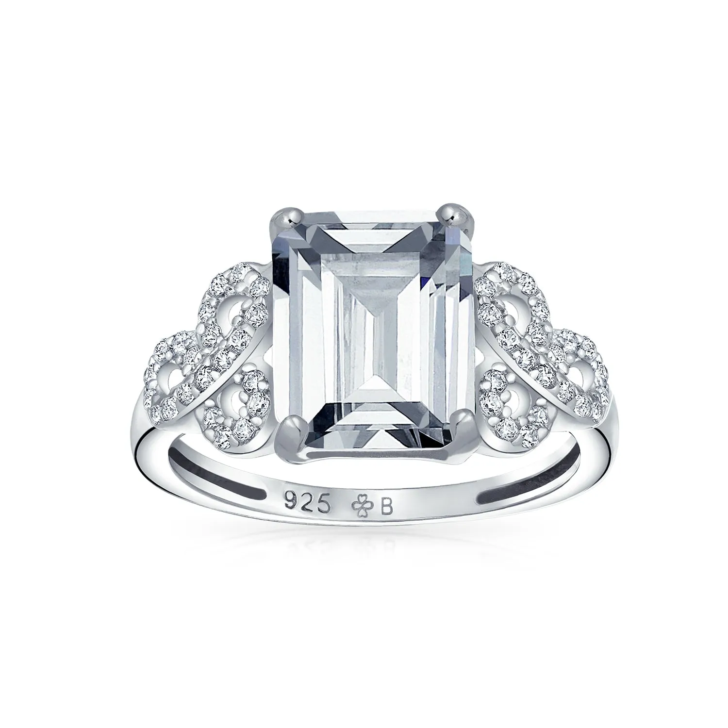 Romantic Celtic Love Knot 3CT Emerald Cut Solitaire Engagement Ring in Sterling Silver