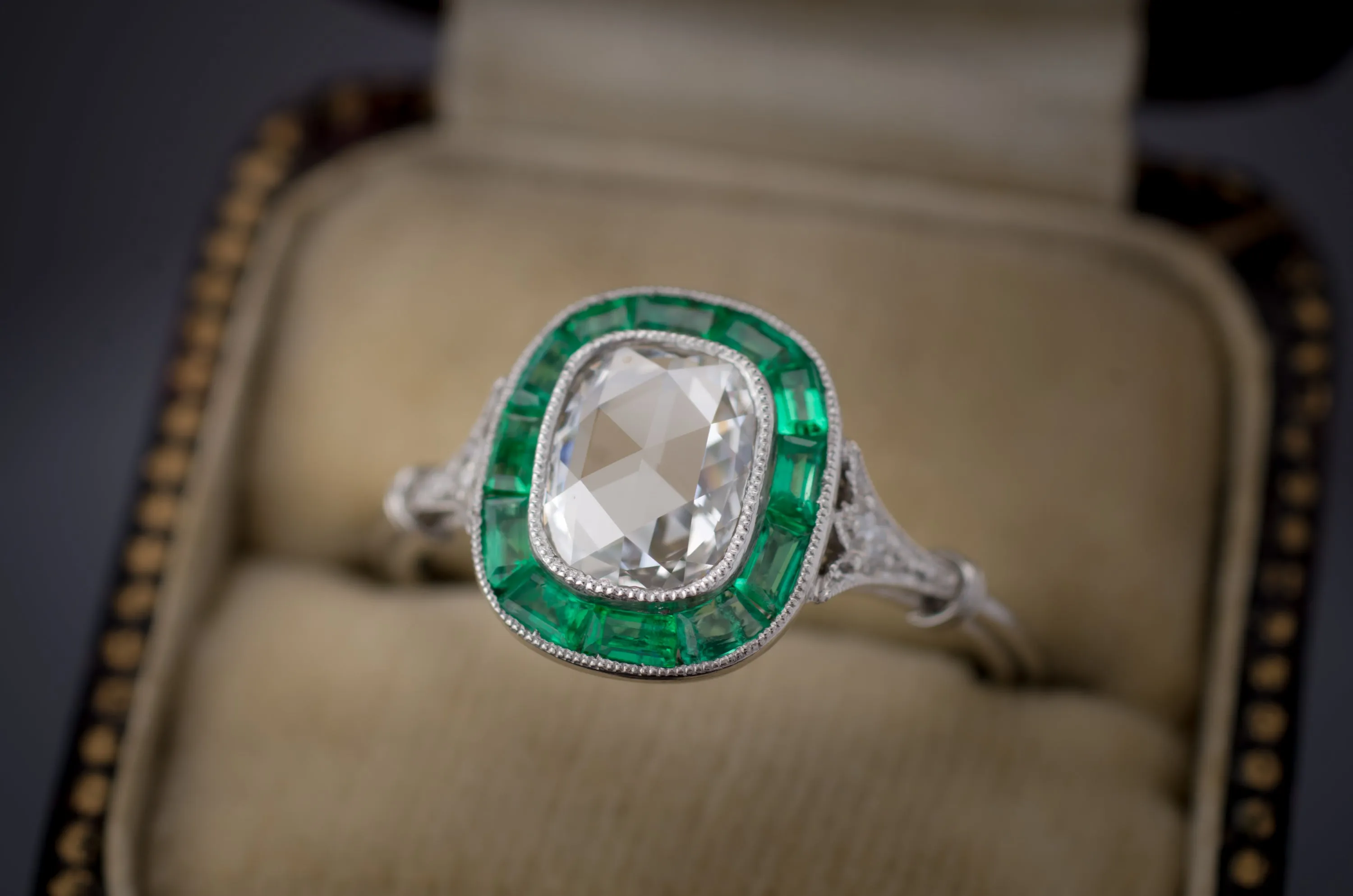 ROSE CUT AND EMERALD TARGET RING