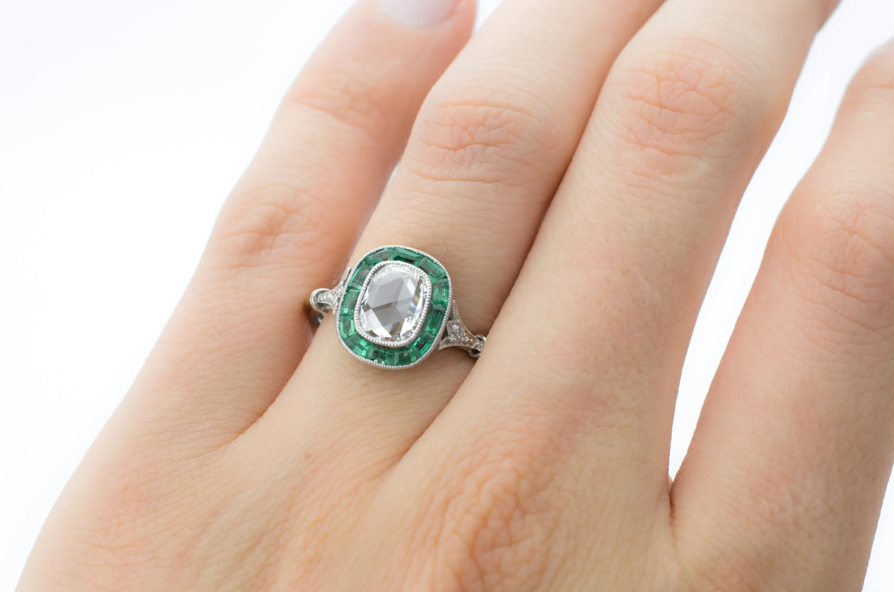 ROSE CUT AND EMERALD TARGET RING