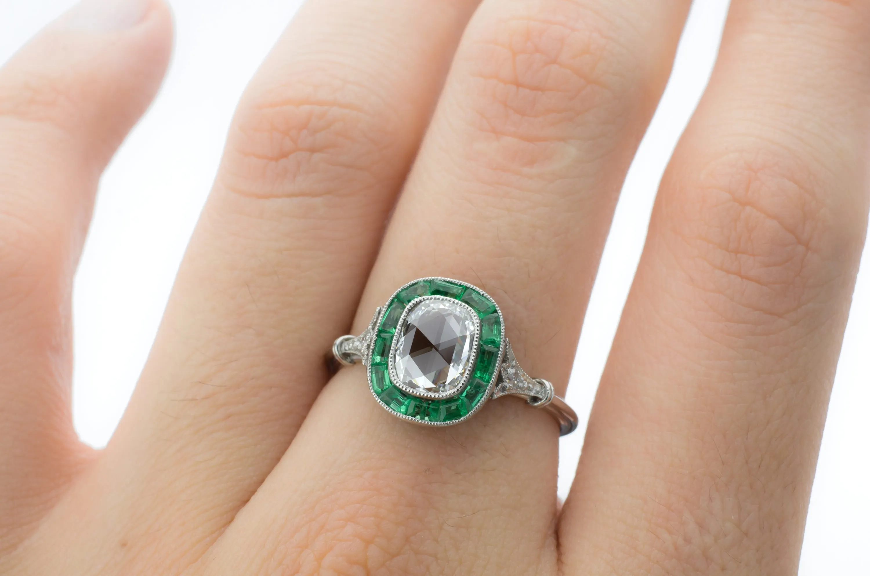 ROSE CUT AND EMERALD TARGET RING