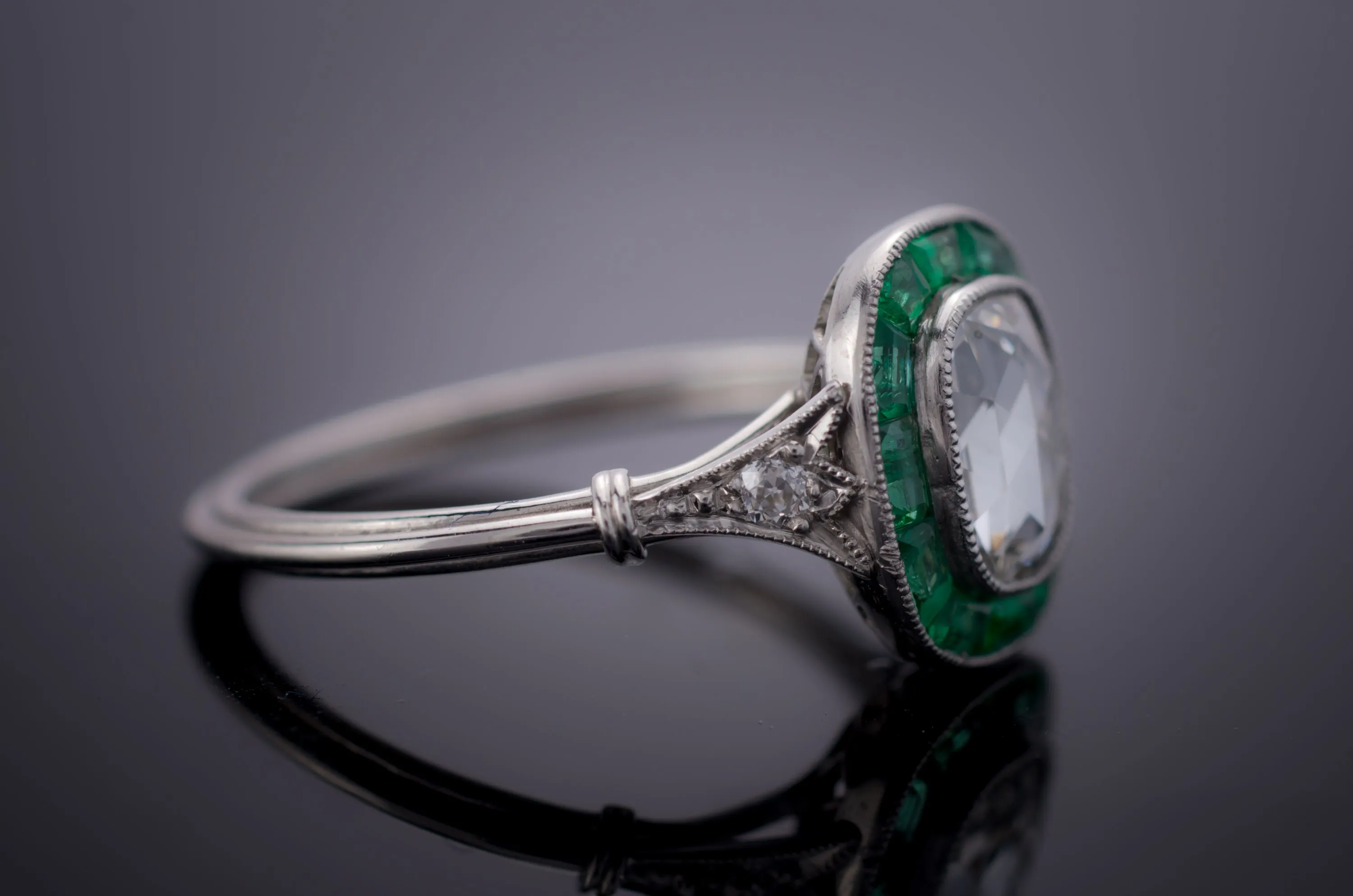ROSE CUT AND EMERALD TARGET RING