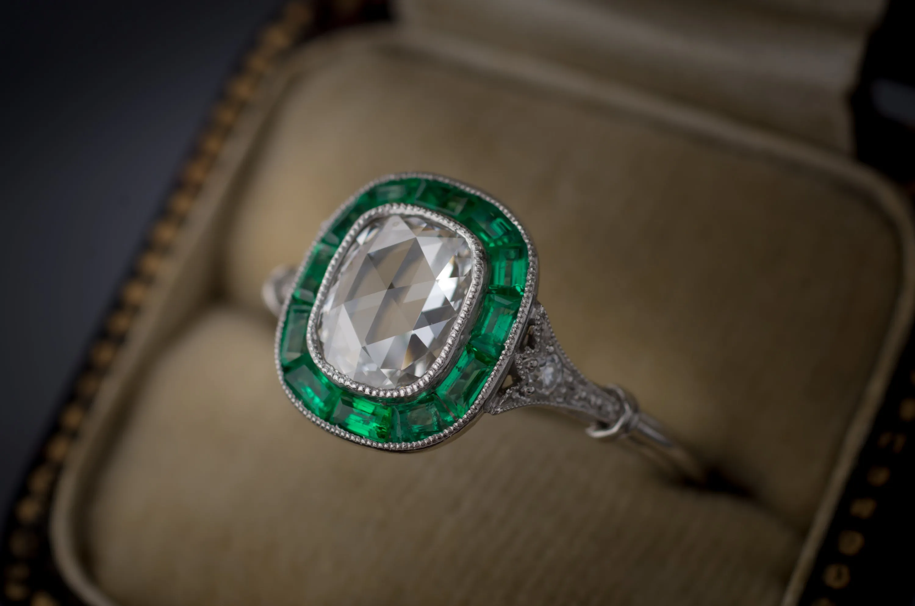 ROSE CUT AND EMERALD TARGET RING