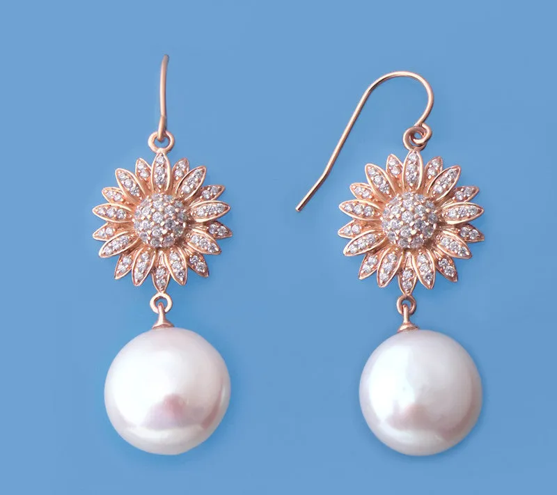 Rose Gold Plated Silver Earrings with 13-14mm Coin Shape Freshwater Pearl and Cubic Zirconia