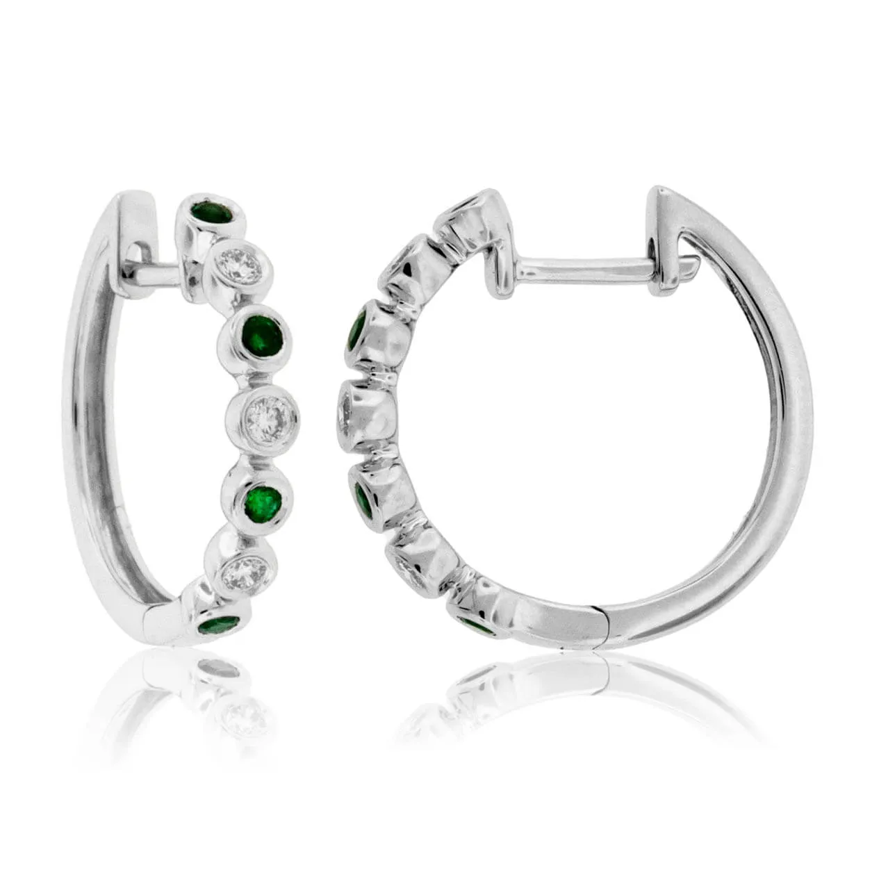 Round Bezel Set Emerald & Diamond Hoop Earrings