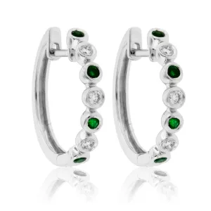 Round Bezel Set Emerald & Diamond Hoop Earrings