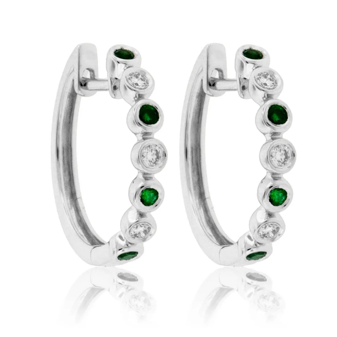 Round Bezel Set Emerald & Diamond Hoop Earrings