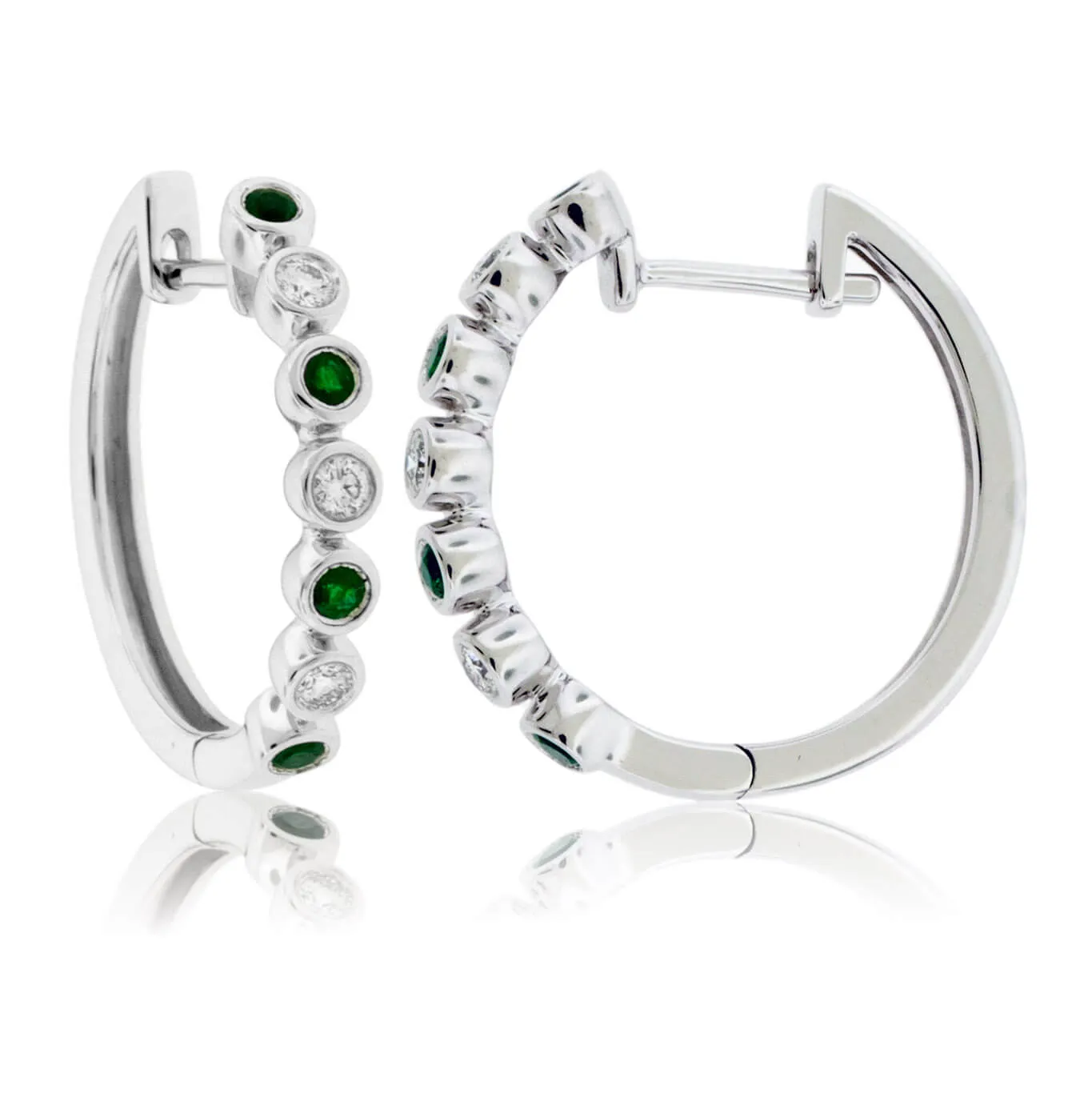 Round Bezel Set Emerald & Diamond Hoop Earrings