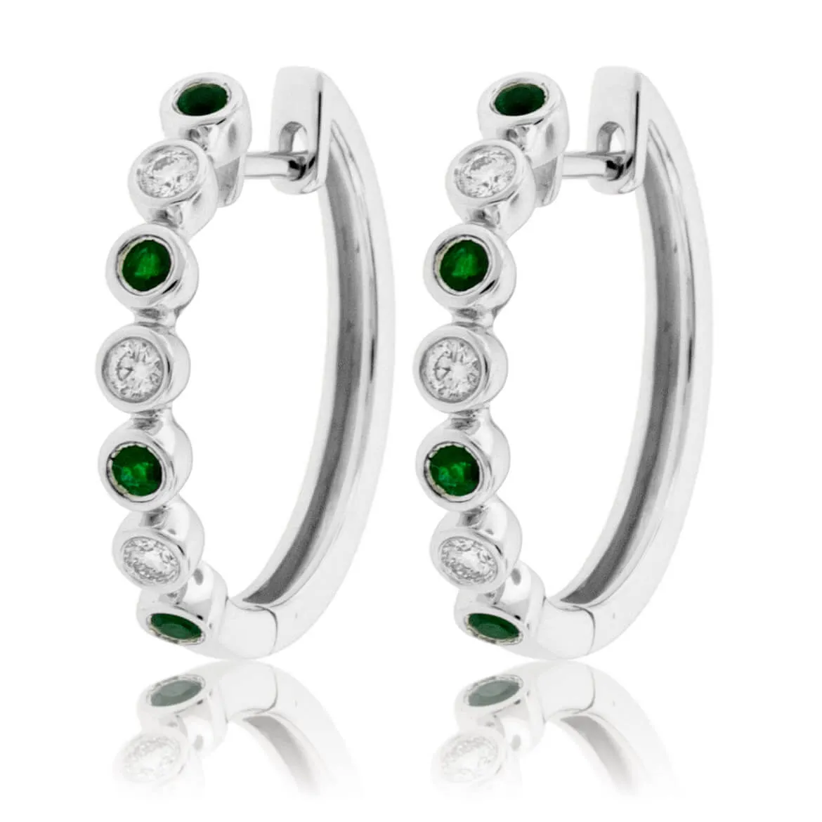 Round Bezel Set Emerald & Diamond Hoop Earrings