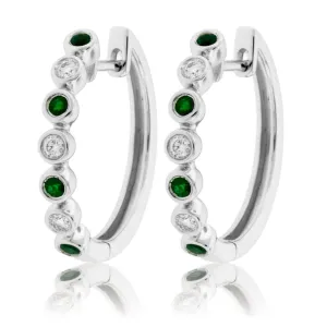 Round Bezel Set Emerald & Diamond Hoop Earrings