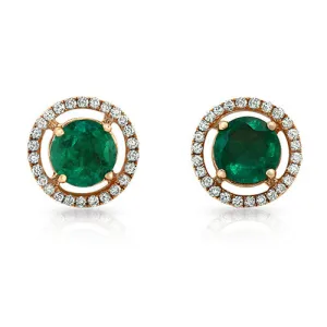 Round Emerald Gemstone Stud Earrings with Round Diamonds on a 18k Rose Gold Halo Setting
