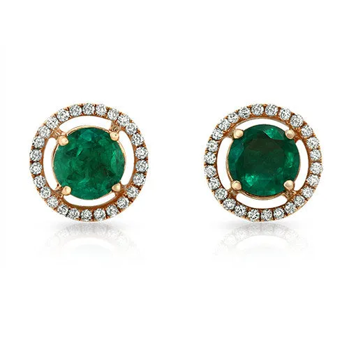 Round Emerald Gemstone Stud Earrings with Round Diamonds on a 18k Rose Gold Halo Setting