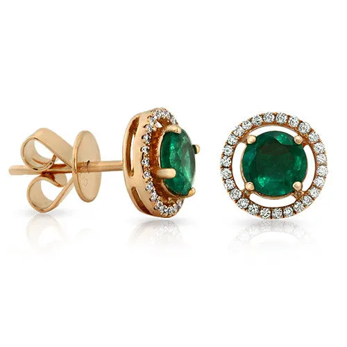 Round Emerald Gemstone Stud Earrings with Round Diamonds on a 18k Rose Gold Halo Setting