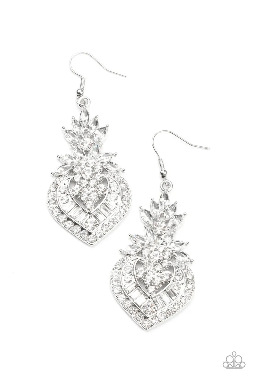 Royal Hustle - White - Rhinestone Paparazzi Fishhook Earrings - August 2021 Life of the Party Exclusive