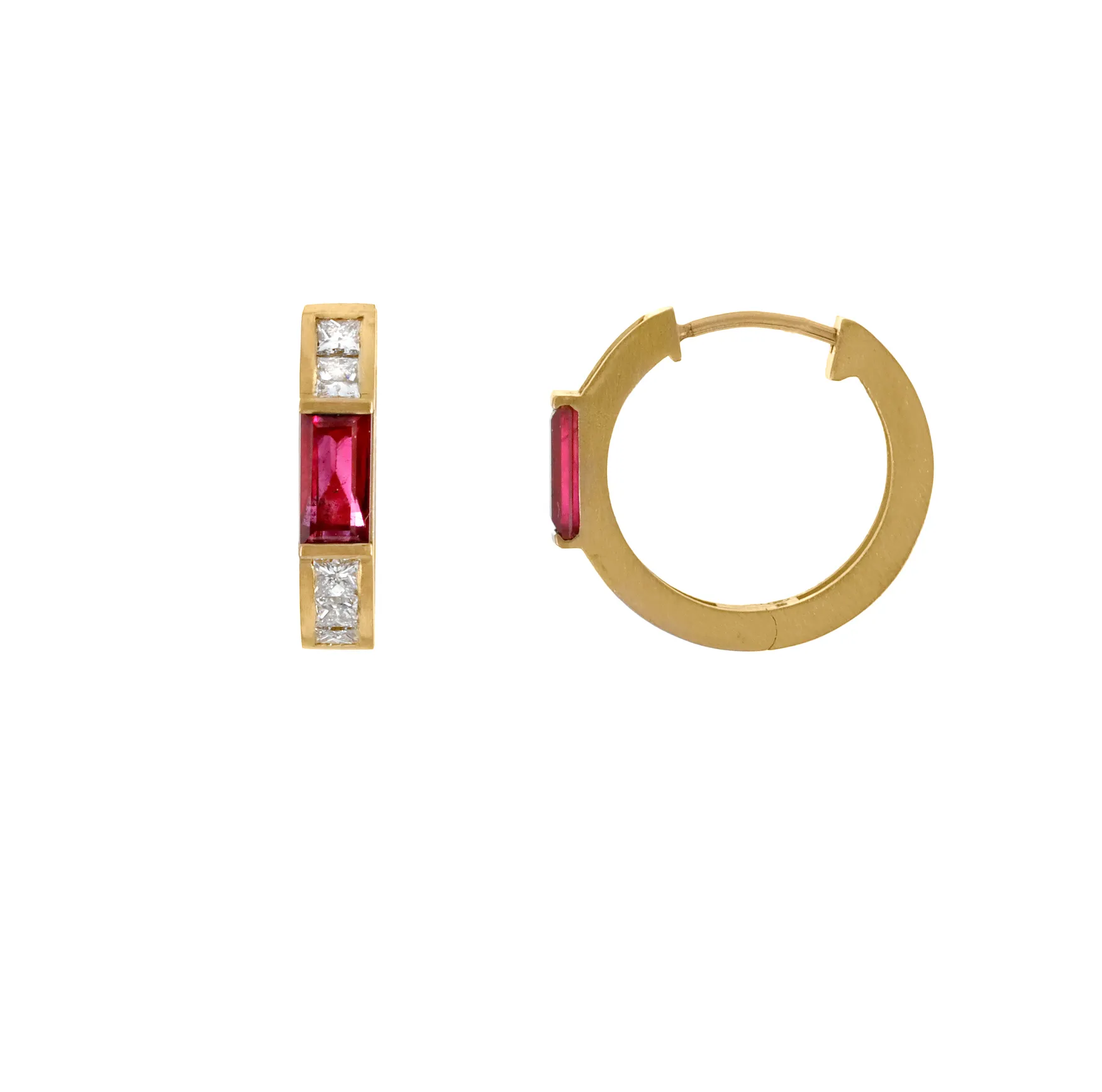 Ruby Baguette Huggies with Diamonds