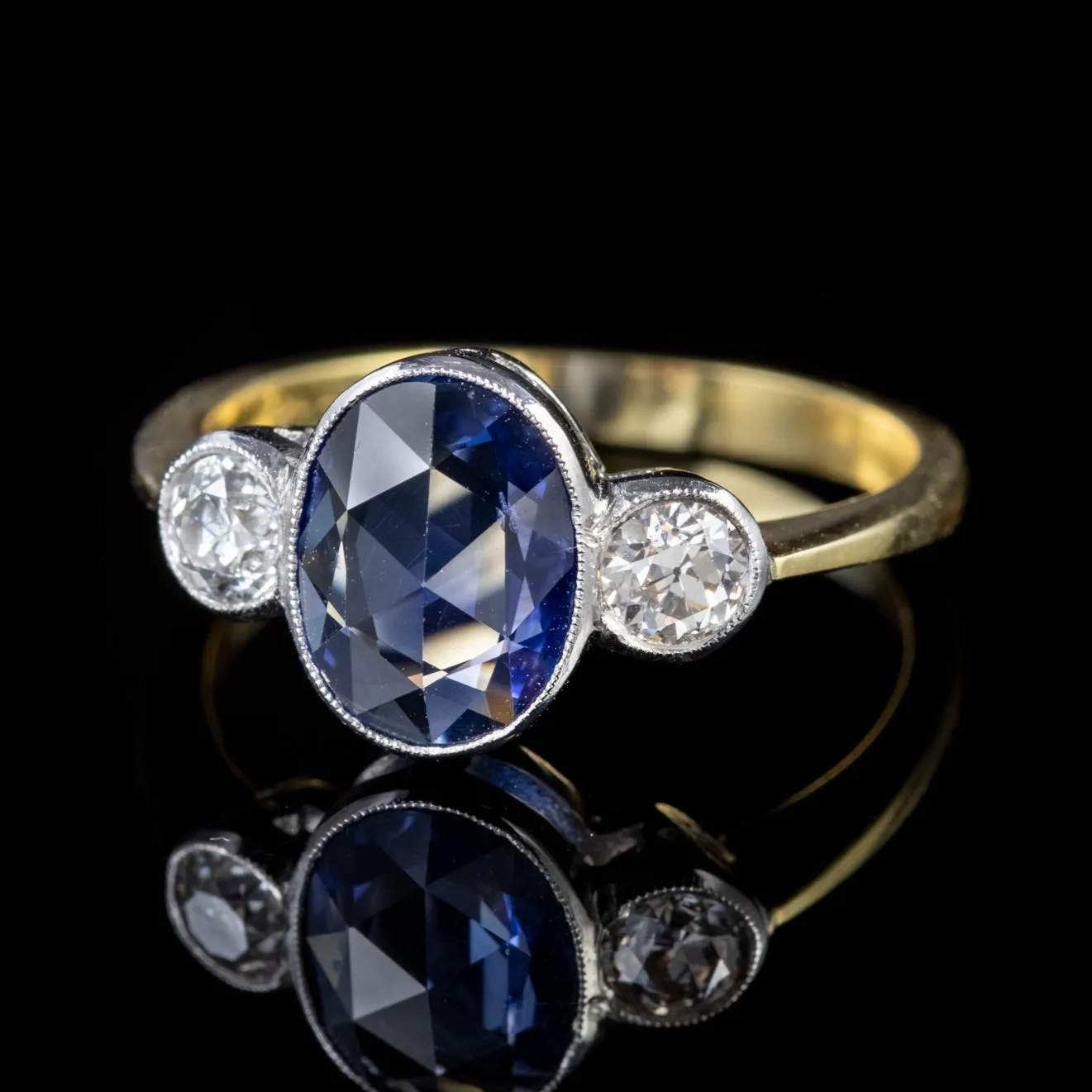 Sapphire Diamond Trilogy Ring 18Ct Gold 2.25Ct Rose Cut Sapphire