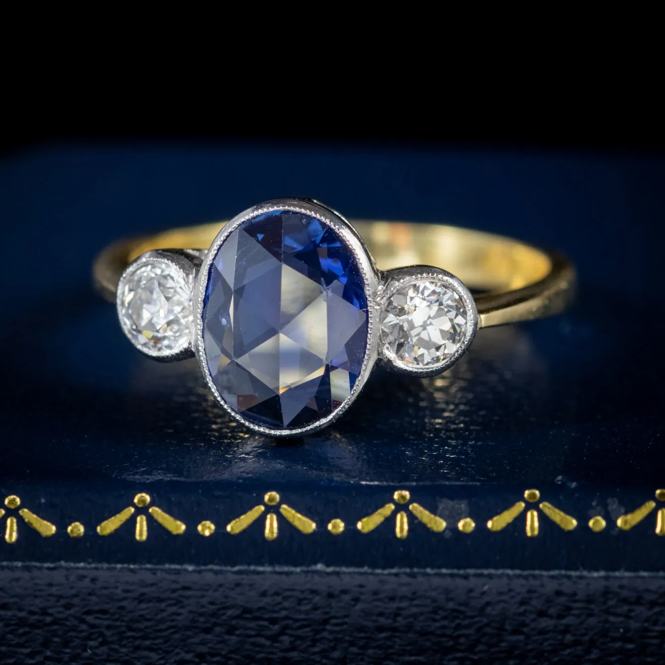 Sapphire Diamond Trilogy Ring 18Ct Gold 2.25Ct Rose Cut Sapphire
